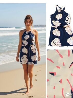 Tori Richard resort Navy Tropical Halter Beach Dress